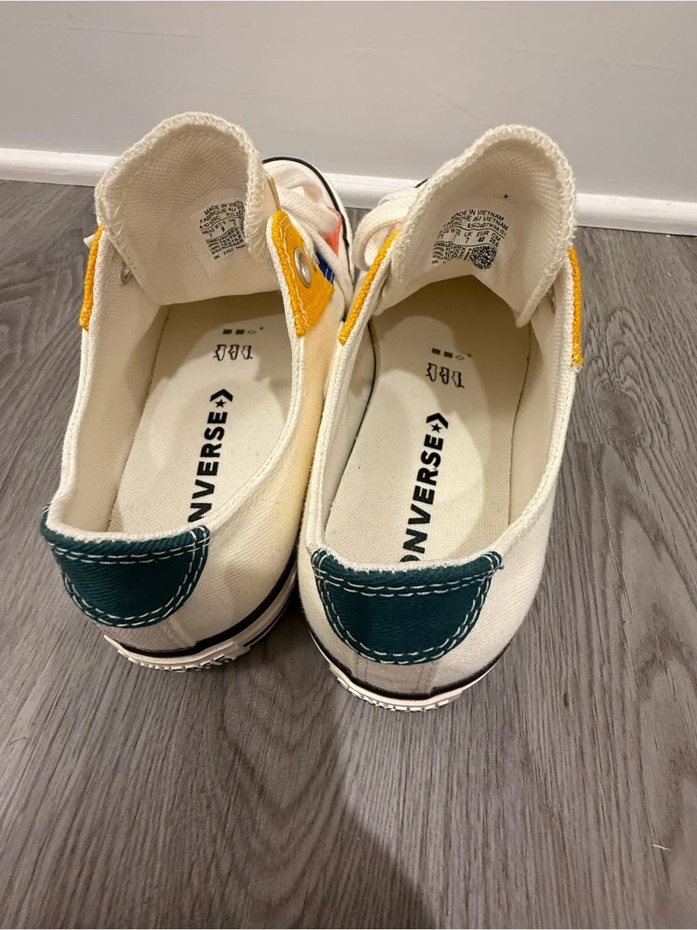 Converse Low Top Sneakers in Cream with Orange, Blue & Yellow Panels